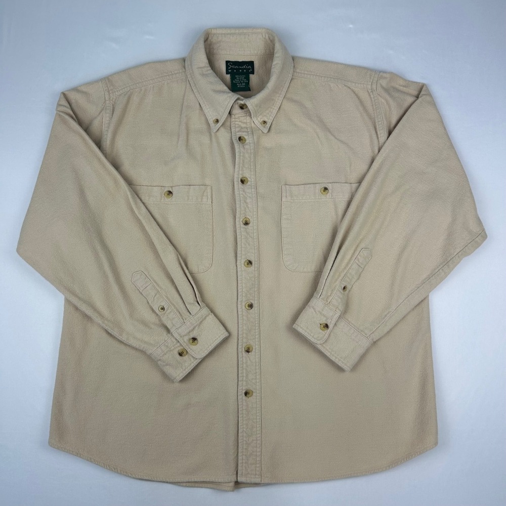 Scandia Woods Mens XL Flannel Shirt Beige Cotton Button Down Long Sleeve 4173004